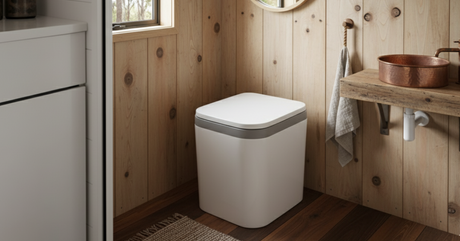 A standard-looking toilet and a small sink in a cramped, white-walled cubicle, with a plastic container of toilet chemical/fluid on the floor, suggesting a caravan, RV, or marine chemical toilet setup