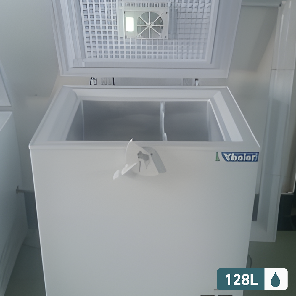 128L Chest Freezer (Open Lid with LED Light) – A 128L chest freezer with its lid open, showing the interior LED light for better visibility.