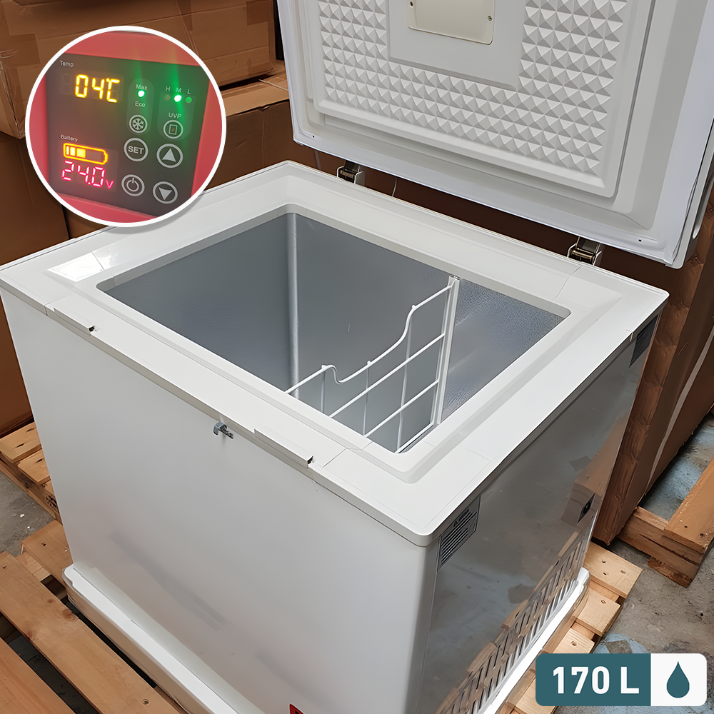 170L Chest Freezer with Digital Display – A 170L chest freezer featuring a temperature control panel, showing precise cooling settings.
