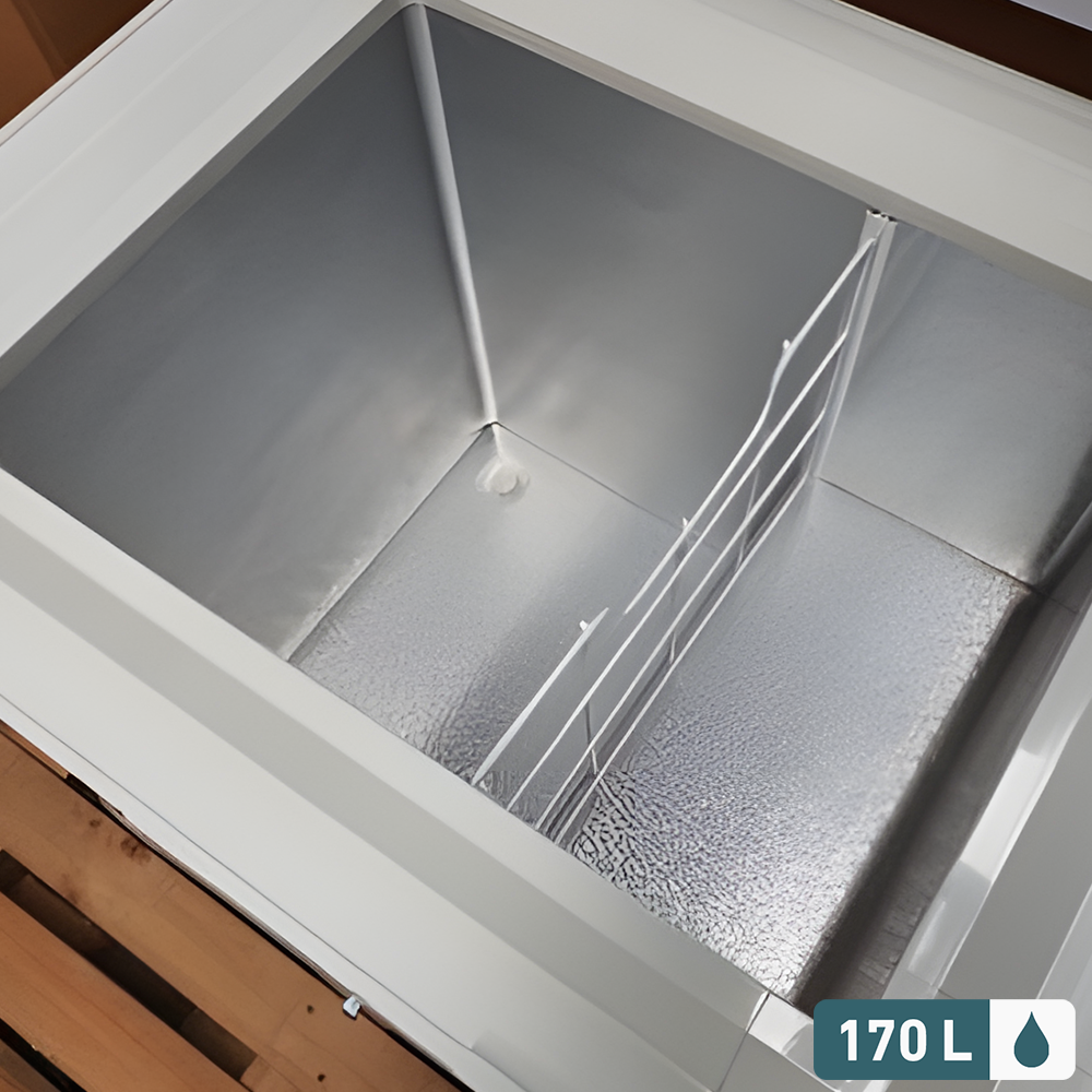 170L Chest Freezer (Open Lid, Internal View) – A 170L chest freezer with an open lid, highlighting its storage space and wire basket.