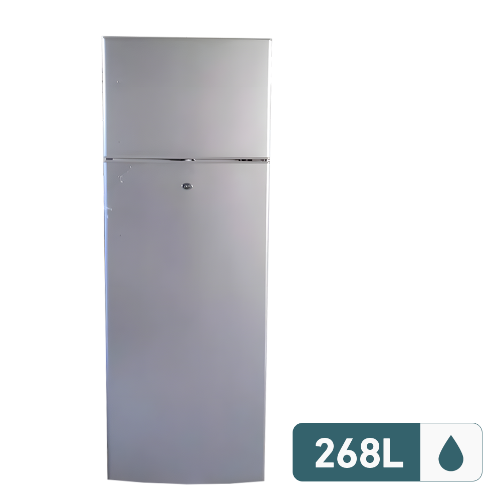 Compact 268L top mount refrigerator in stainless steel finish.