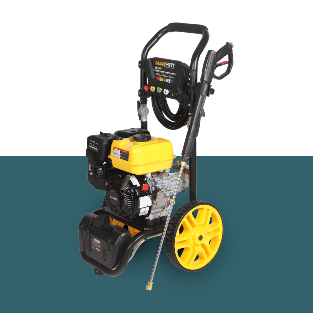 MaxWatt 3200 PSI Petrol-Powered High-Pressure Washer Side View – A high-powered pressure washer with yellow wheels, black frame, and an extended spray wand.