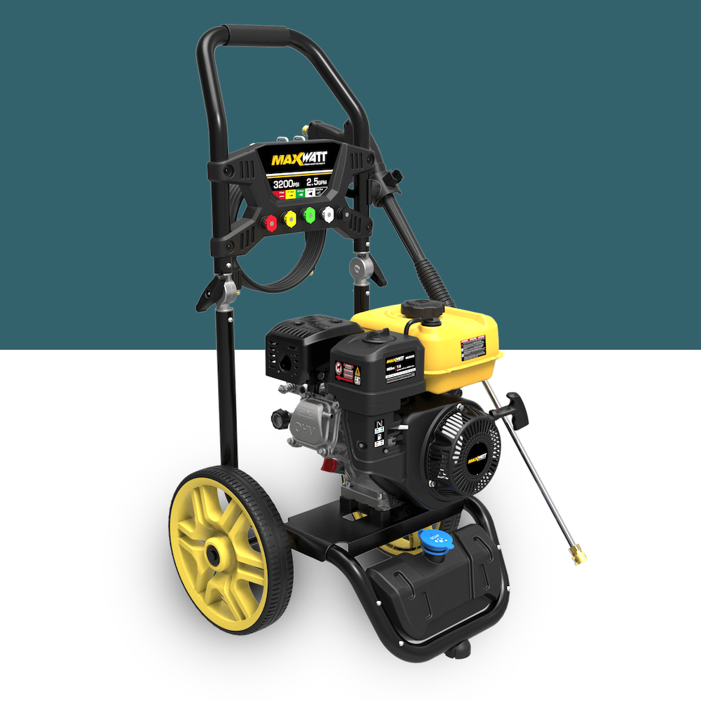 MaxWatt 3200 PSI Petrol-Powered High-Pressure Washer Angled View – A portable petrol pressure washer with a yellow fuel tank, multiple nozzles, and an ergonomic grip.