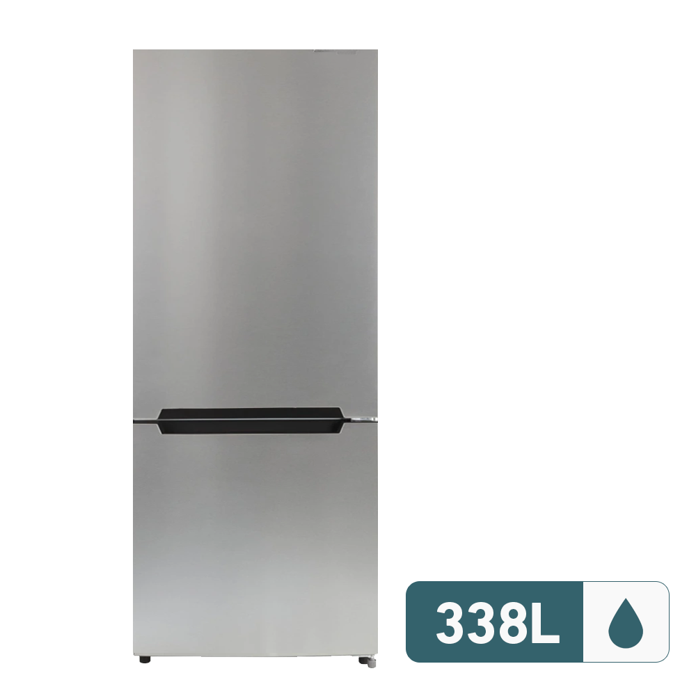 Full view of a 338L bottom mount refrigerator in stainless steel.
