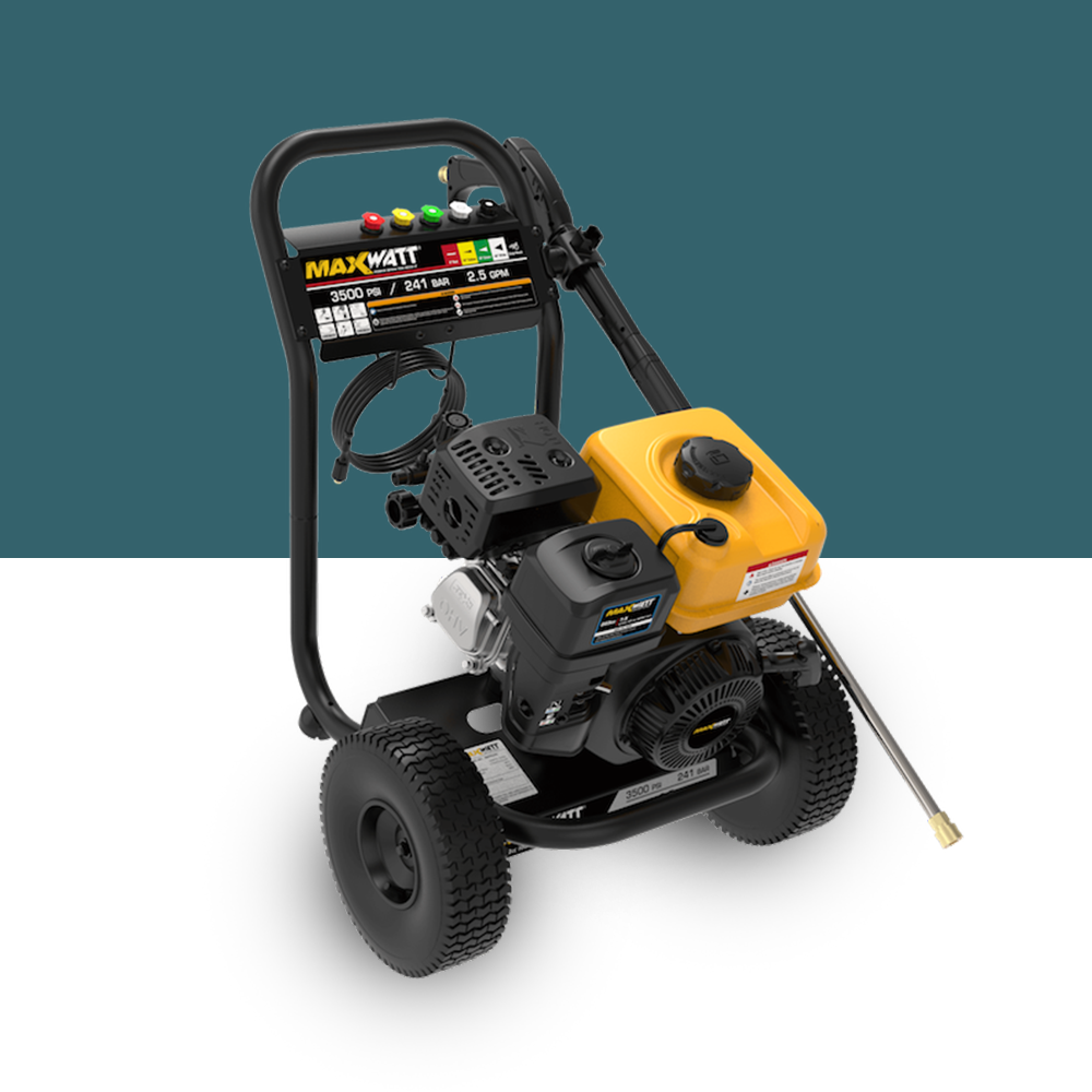 MaxWatt 3500 PSI Petrol-Powered High-Pressure Washer Angled View – A petrol-powered high-pressure washer featuring a sturdy frame, ergonomic handle, and easy-access control panel.