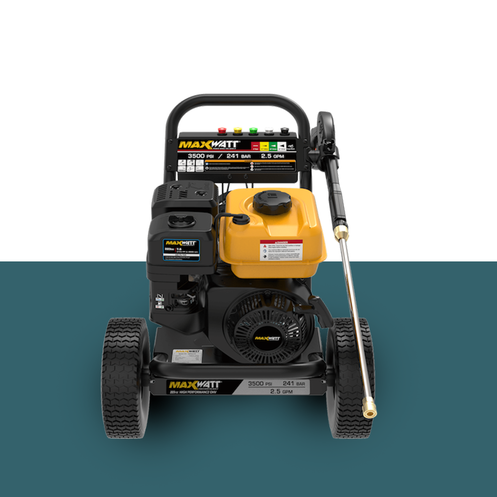 MaxWatt 3500 PSI Petrol-Powered High-Pressure Washer Front View – A front-facing image of a 3500 PSI pressure washer with nozzle storage, hose holder, and compact design.