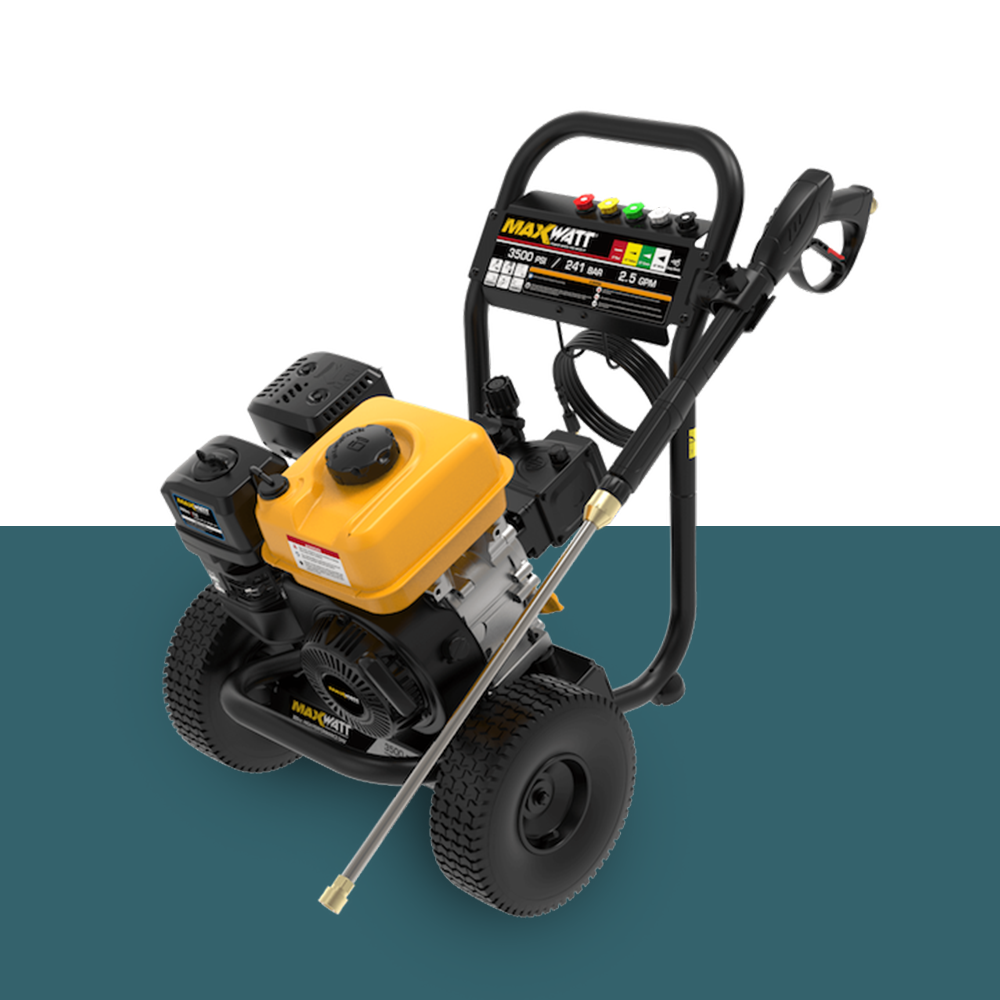 MaxWatt 3500 PSI Petrol-Powered High-Pressure Washer Side View – A powerful petrol pressure washer with a yellow fuel tank, black frame, and durable wheels for mobility.
