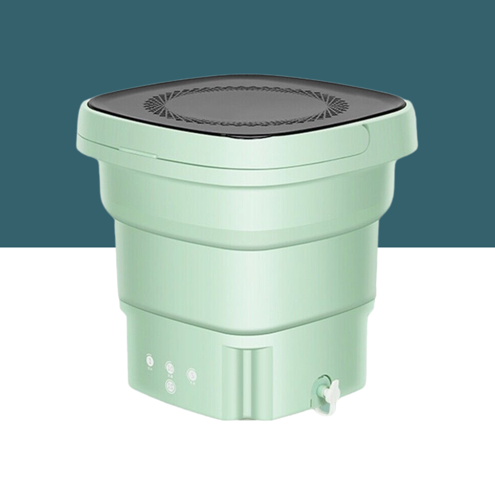 Compact green collapsible mini washing machine with a black lid on a blue background.