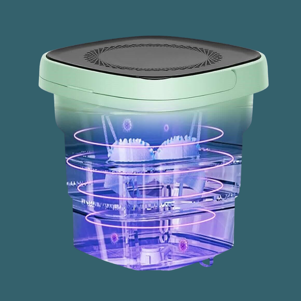 Mini washing machine demonstrating internal UV light cleaning function with blue glow.