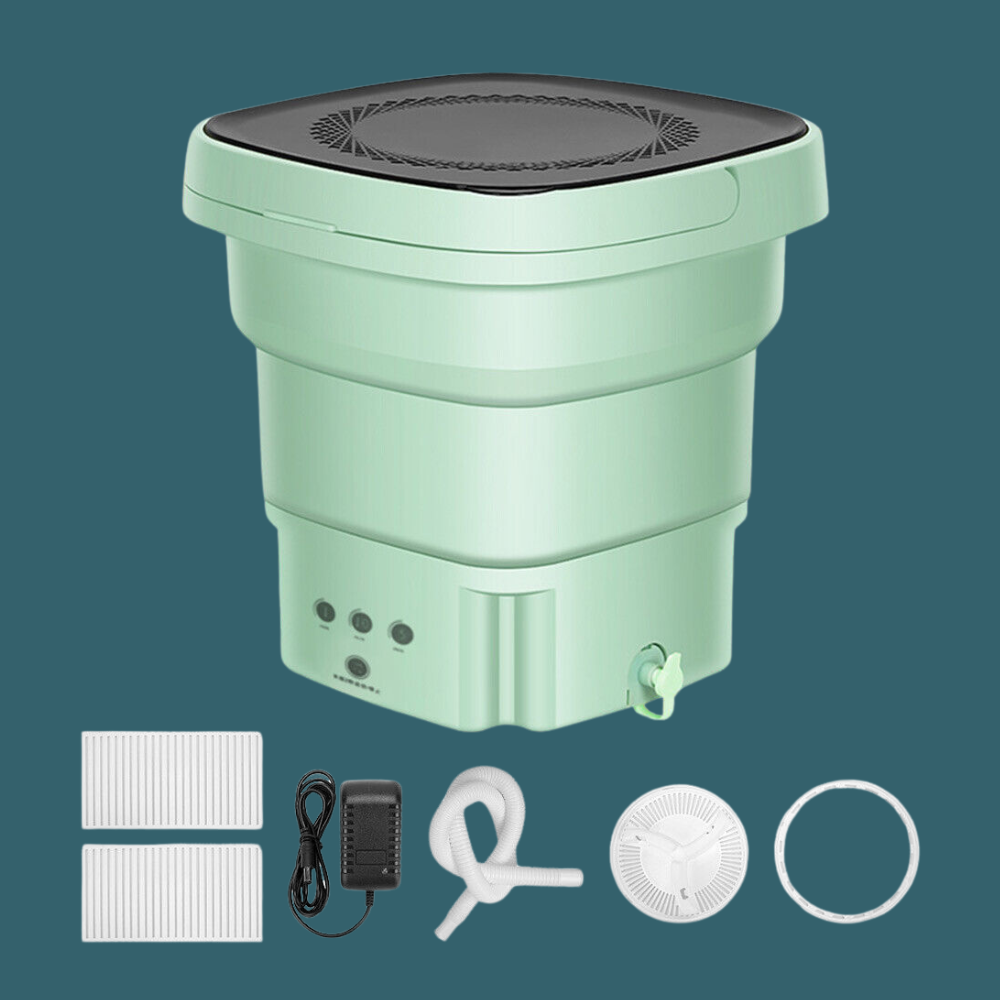 Product kit layout showing the washing machine, power cable, hose, and accessories.