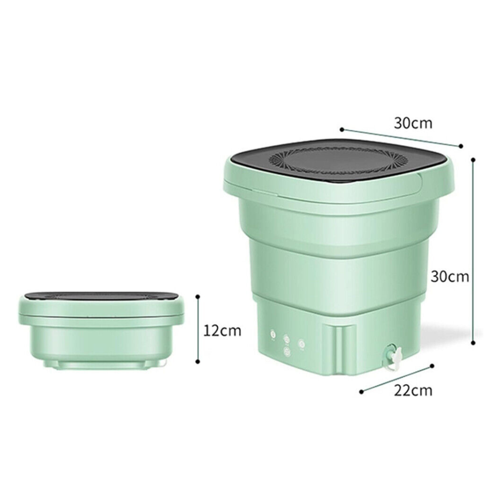 Product dimensions and side-by-side view of the washing machine in expanded and collapsed states.