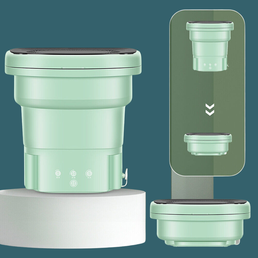 Washing machine shown in fully collapsed form alongside its extended configuration.