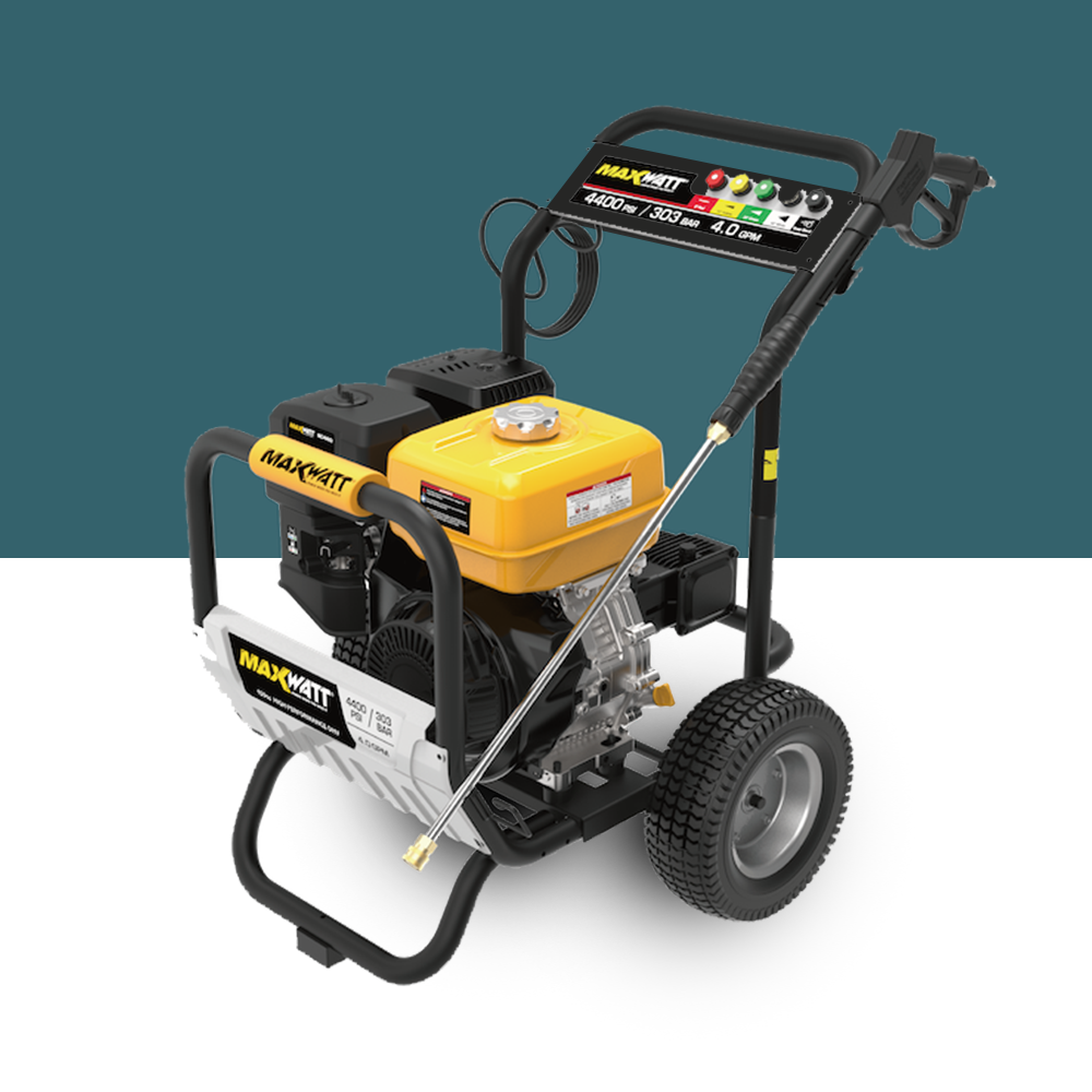 MaxWatt 4400 PSI Petrol-Powered High-Pressure Washer Angled View – A durable, high-performance pressure washer with an easy-start engine and sturdy wheels.