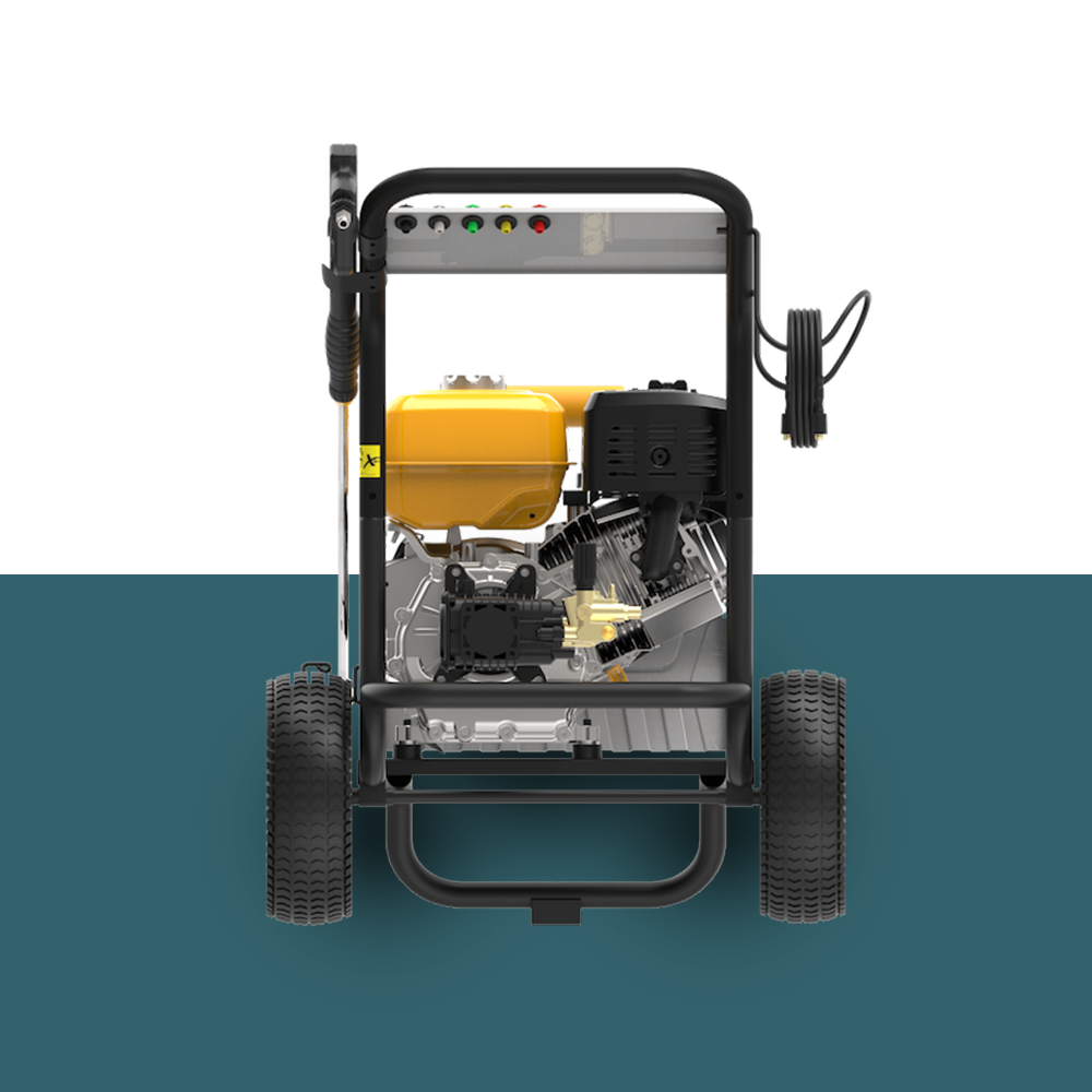 MaxWatt 3500 PSI Petrol-Powered High-Pressure Washer Rear View – A rear perspective showcasing the powerful engine, fuel tank, and hose storage.