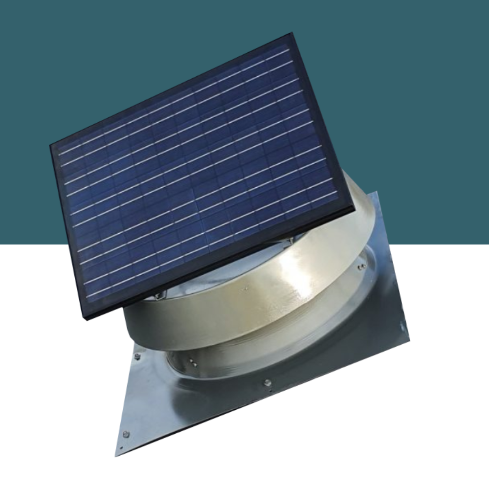 Close-up of a silver solar roof ventilator with a tilted solar panel on a plain background.