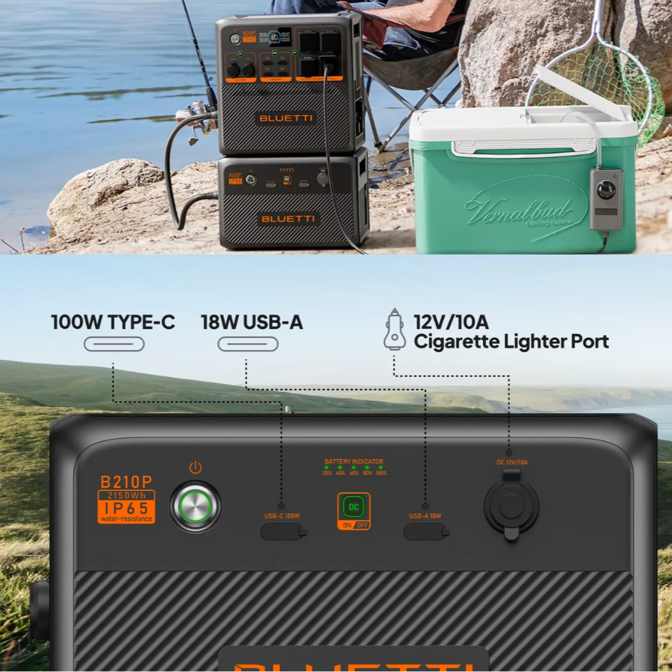 Side-by-side outdoor camping setup featuring Bluetti unit alongside a cooler box and foldable table with caption text overlay.