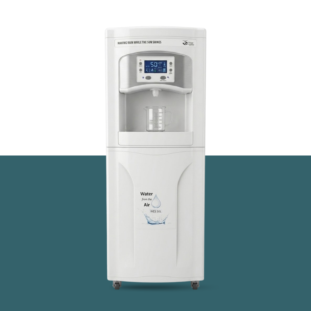 White water dispenser with digital display on a teal background