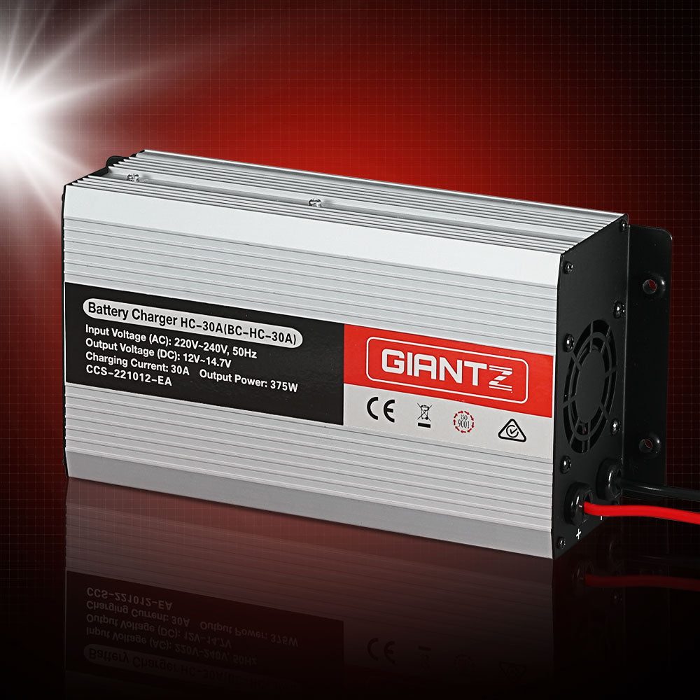 Charger in use with red glowing background, showing power leads connected for active charging.