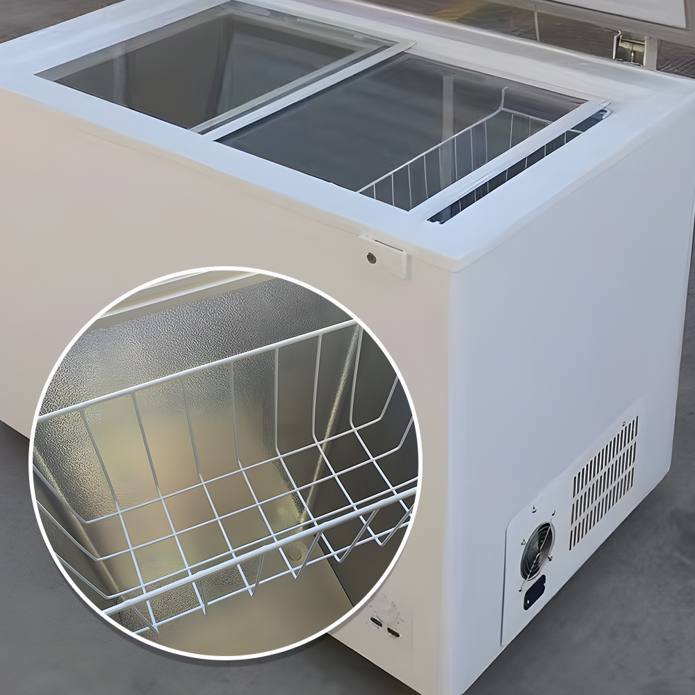 170L Chest Freezer Interior with Storage Basket – A 170L chest freezer highlighting its internal wire storage basket and cooling elements.