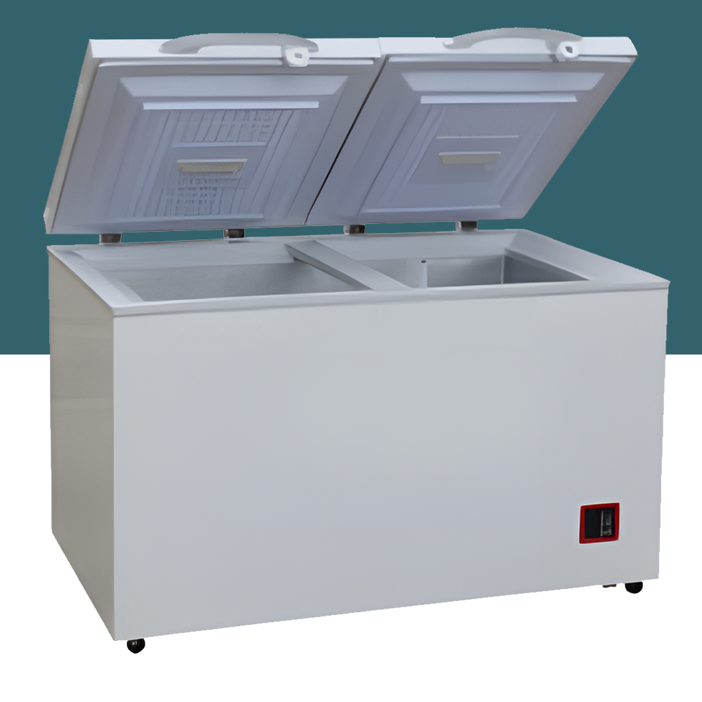 333L Chest Freezer with Dual Open Lids – A 333L white chest freezer with two open lids, showcasing a divided storage area.