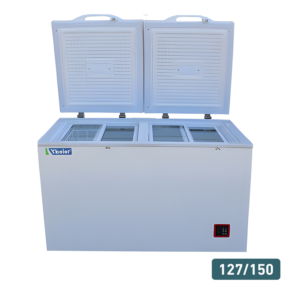 127L/193L Chest Freezer (Open Lid) – A 127L/193L white chest freezer with dual open lids, showing divided compartments for storage.