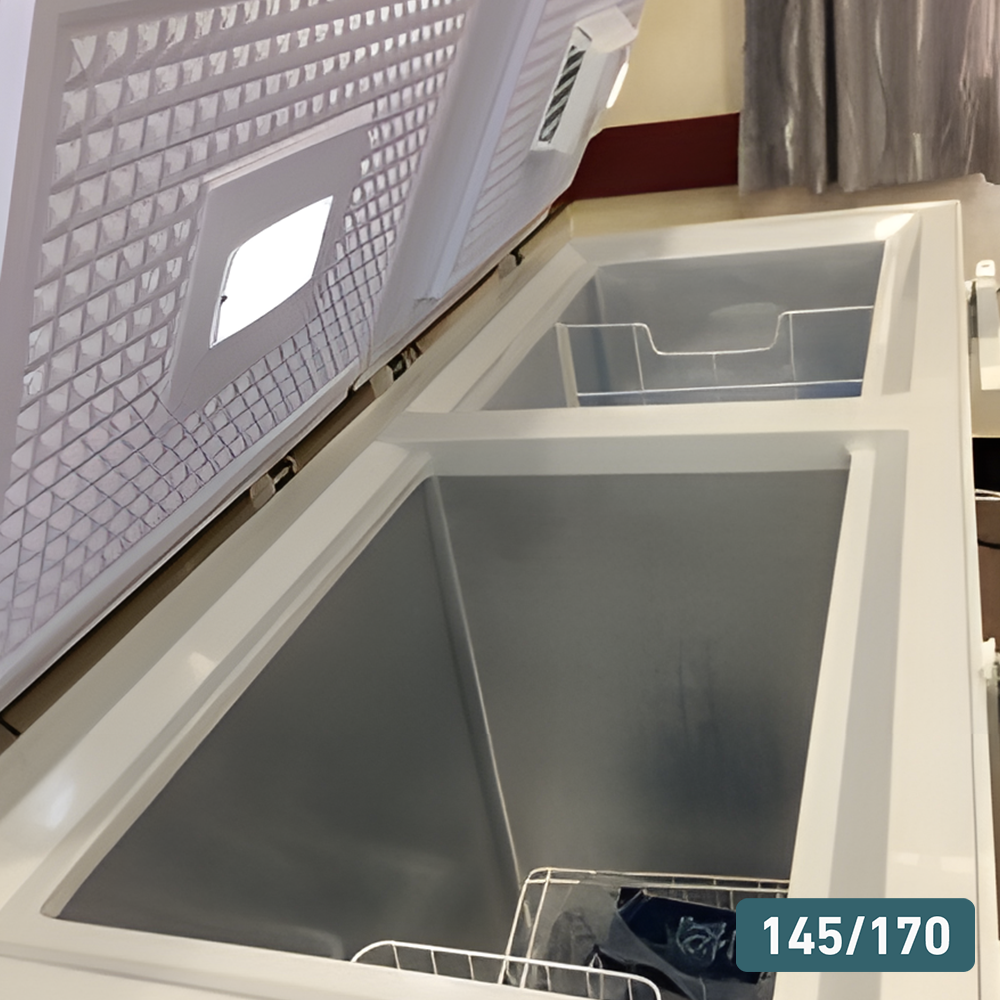 146L/170L Chest Freezer (Internal View) – A 146L/170L chest freezer with an angled close-up of the interior, showing its spacious storage and wire baskets.