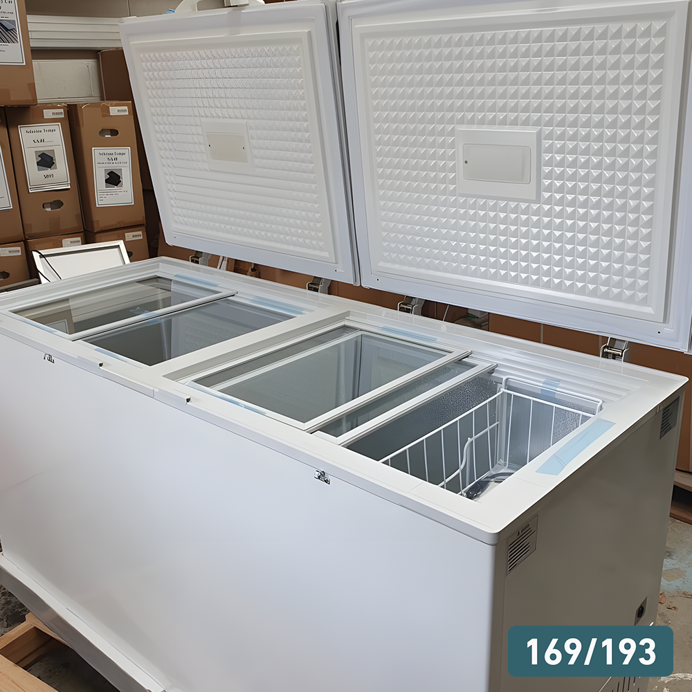 160L/193L Chest Freezer (Open Lid, Internal Compartments) – A 160L/193L chest freezer with dual lids open, showcasing multiple wire baskets for organised storage.
