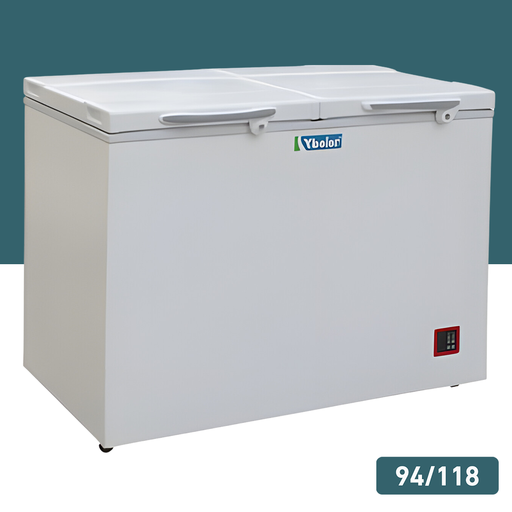 94L/118L Chest Freezer (Closed Lid) – A white dual-lid chest freezer with a 94L/118L capacity label, set against a blue background.