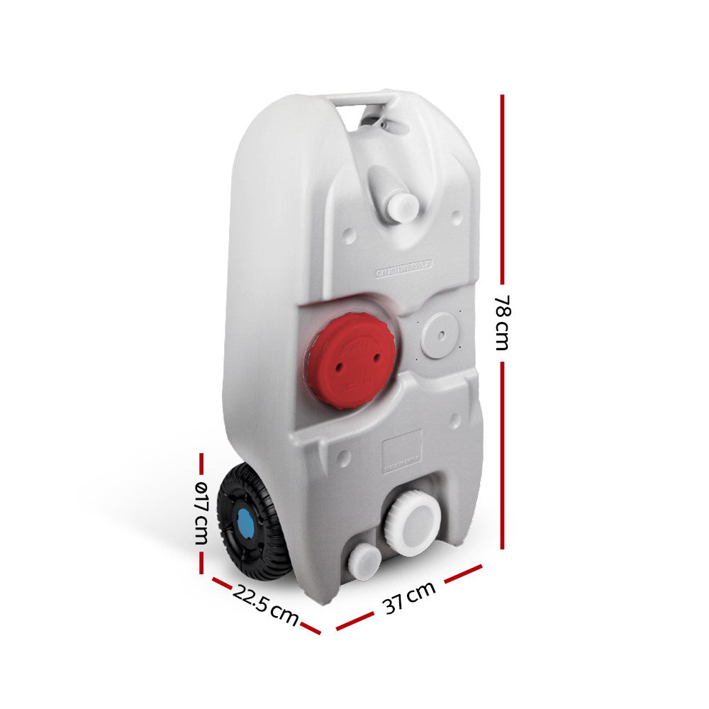 Grey portable water tank with wheels and red cap, dimensions shown as 78cm height, 25.5cm width, and 37cm depth.