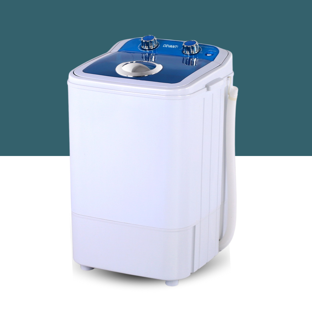 Angled view of washer with teal base, focusing on overall shape and compact size.