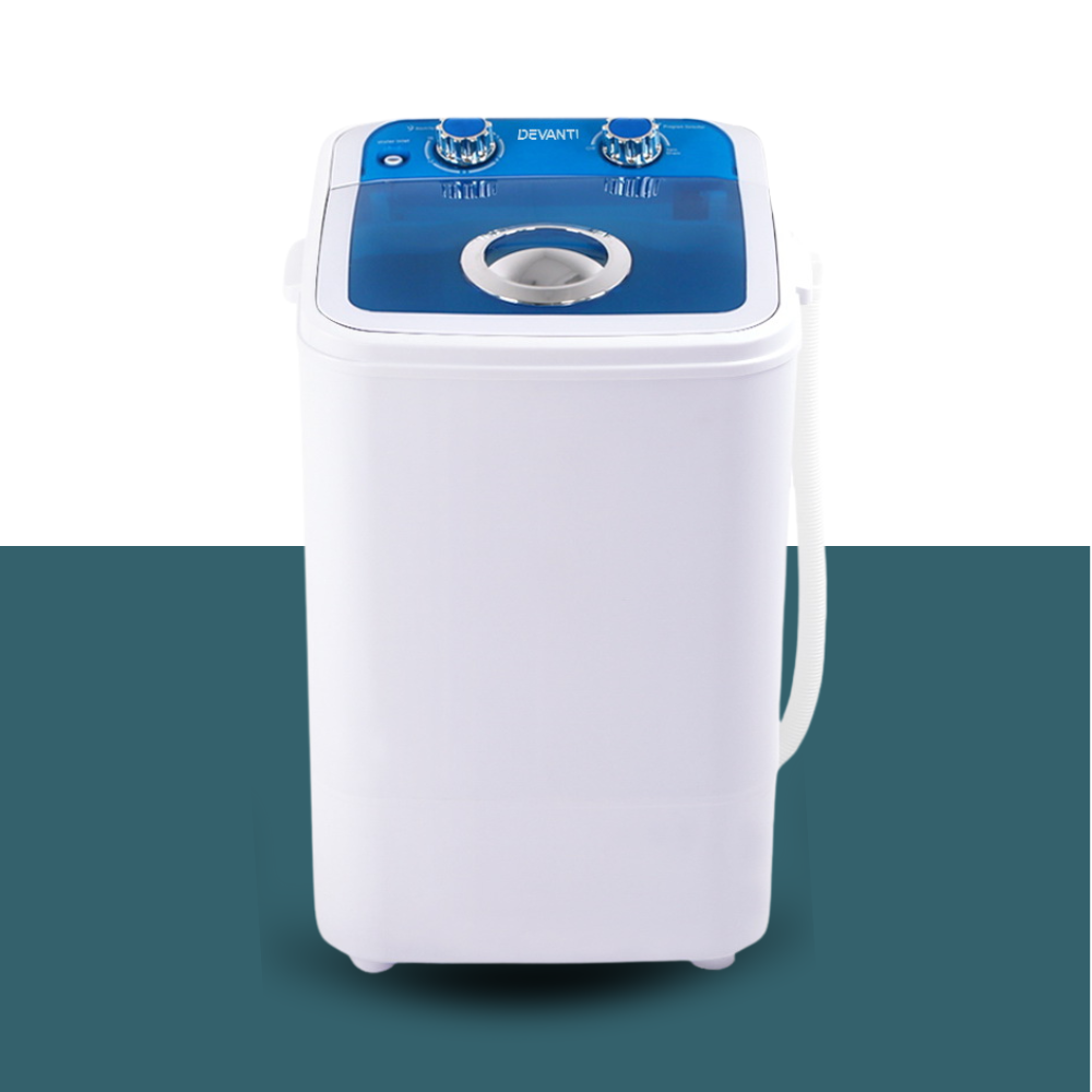 Front view of compact washer on teal background, showing blue control panel.