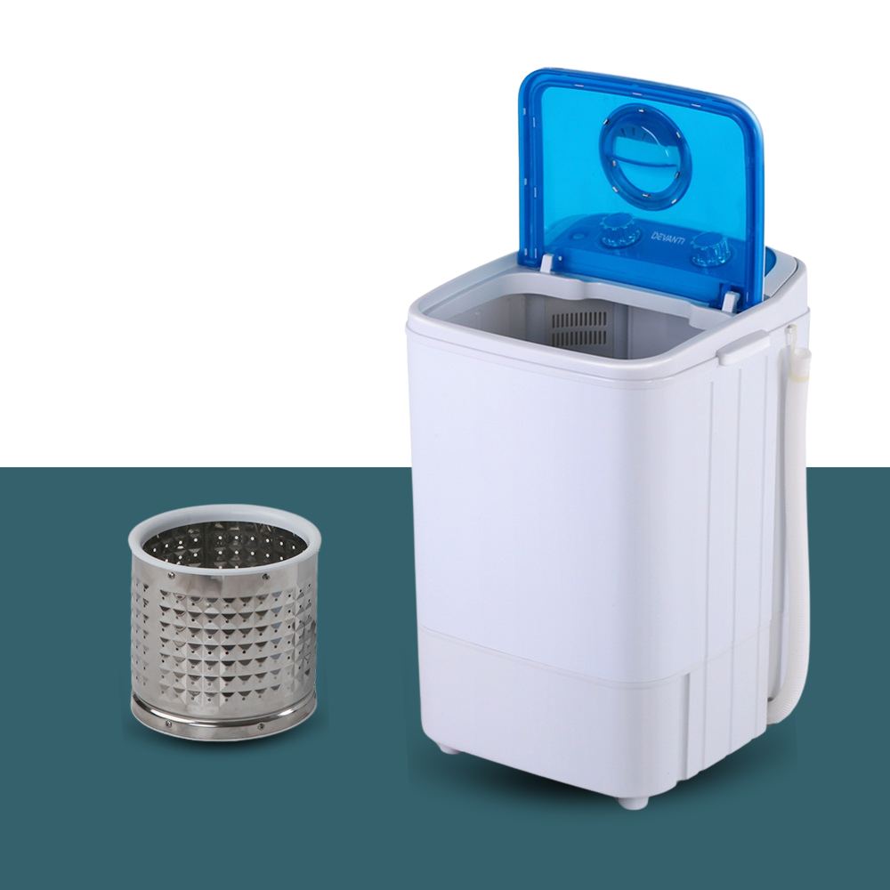 Washing machine with lid open next to inner spin basket, revealing internal drum.