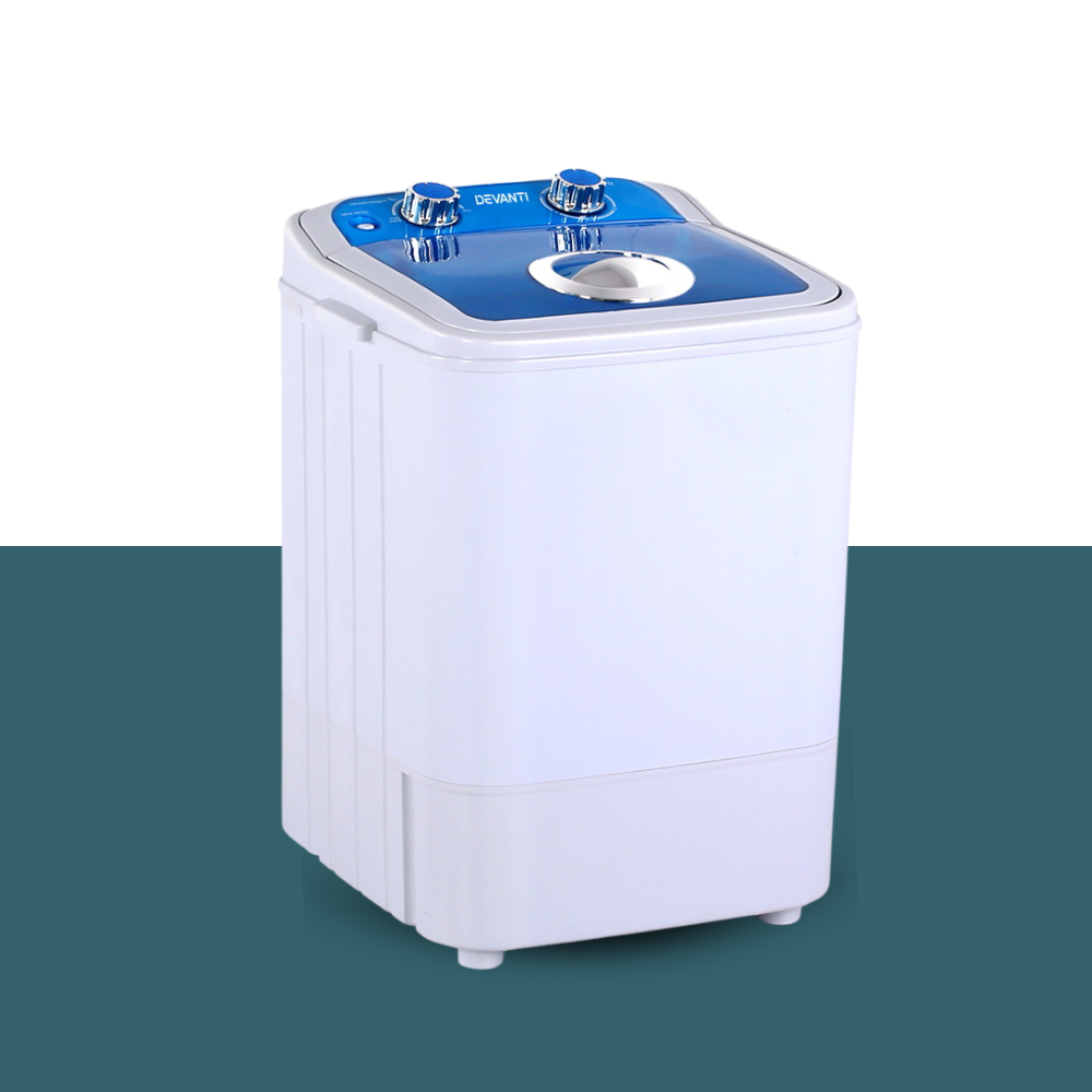 Side view of mini washer on teal background, showing slim design.