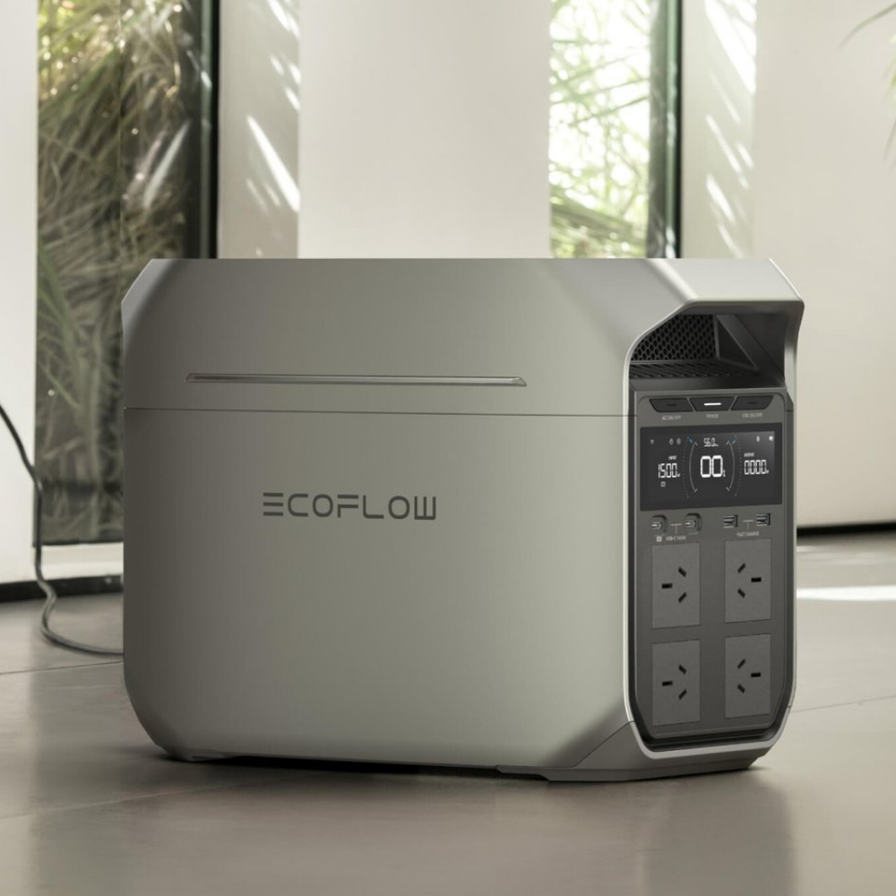 EcoFlow power station on a light-colored floor with a blurred window background