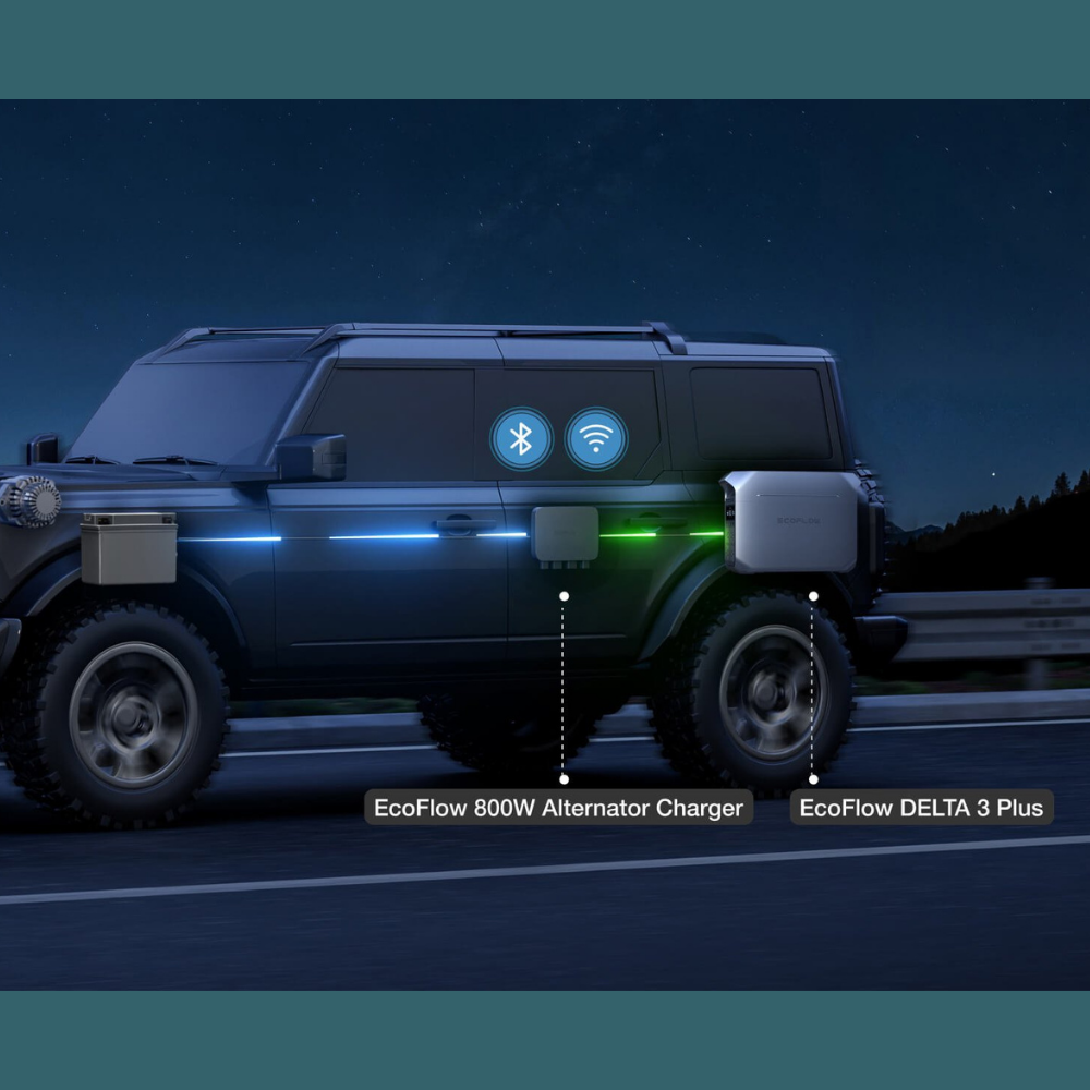 SUV with EcoFlow 800W Alternator Charger and Delta 3 Plus on a road at night.