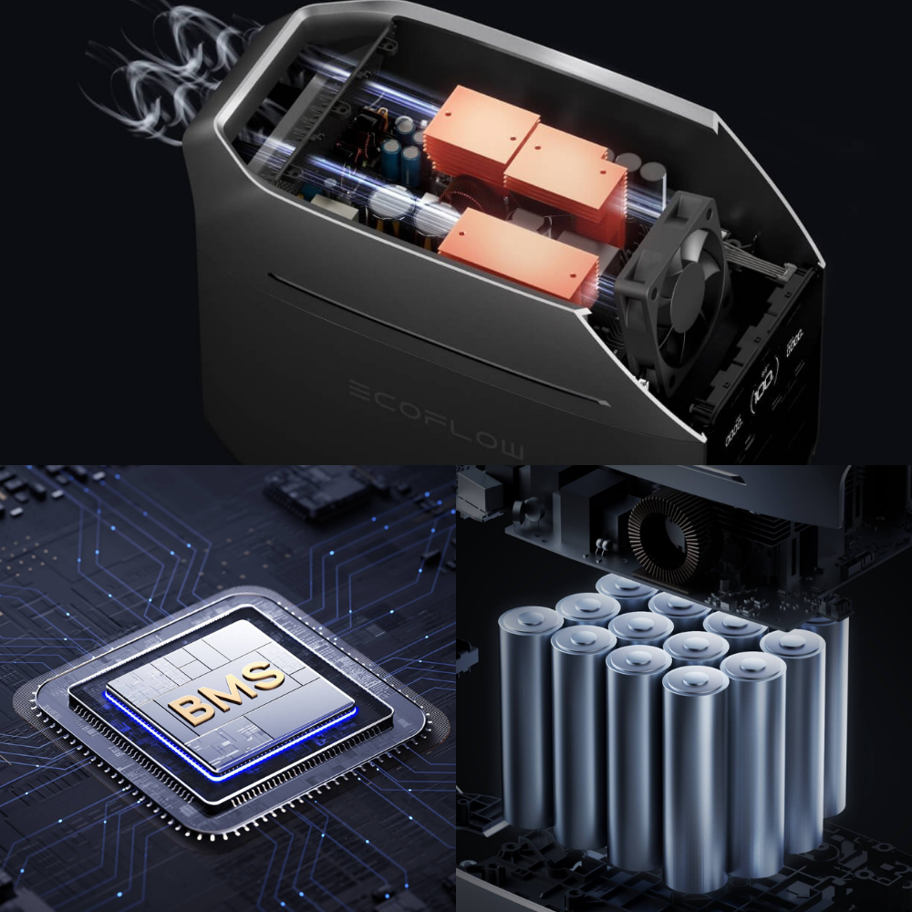 Top-down view of a battery management system with components like a BMS chip and batteries.