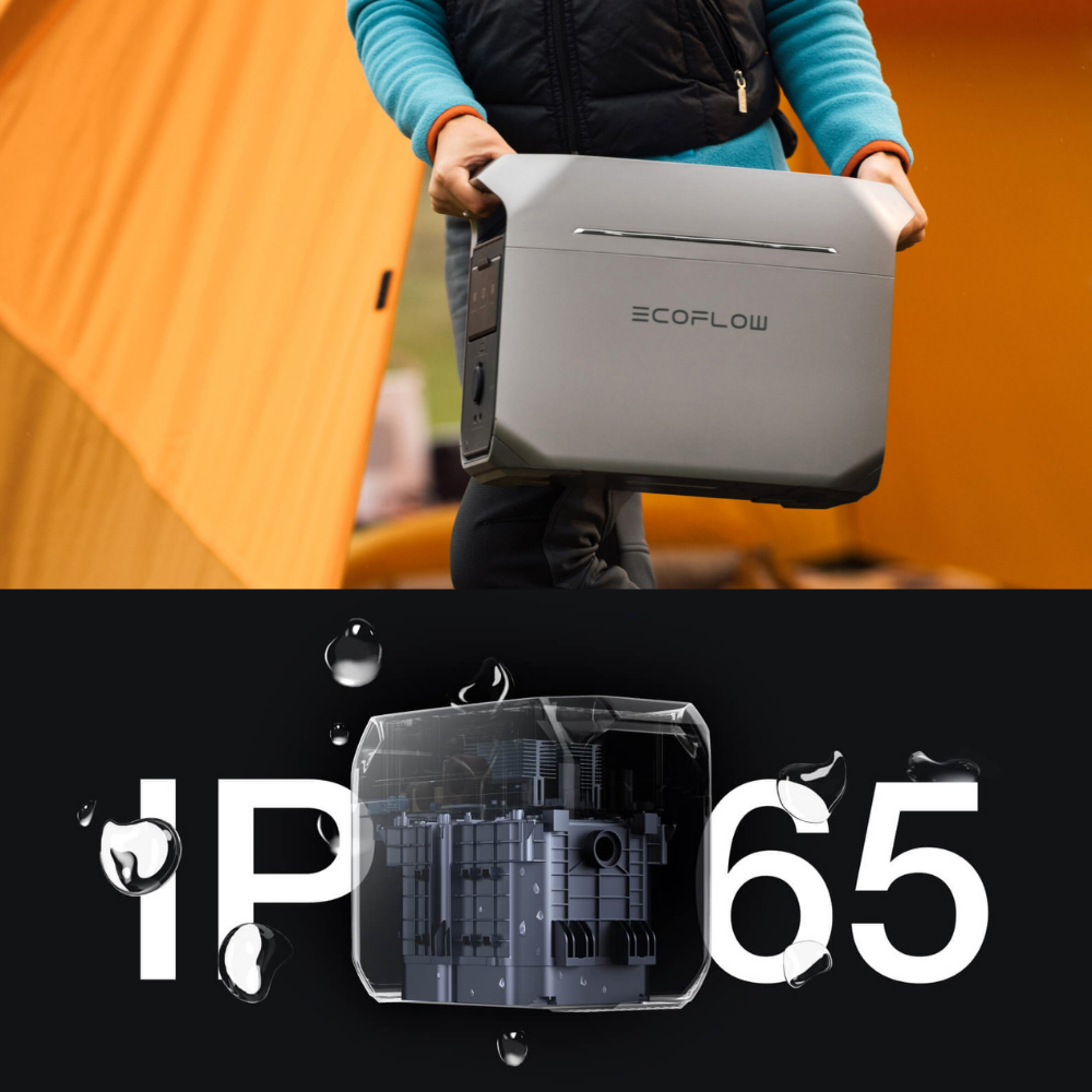 Person holding a gray EcoFlow device with an inset showing IP65 rating on a black background.