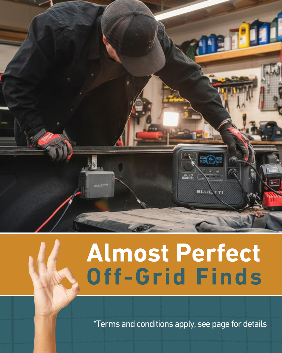 Person working on a vehicle with a power station in a workshop setting, promoting 'Almost Perfect Off-Grid Finds'.