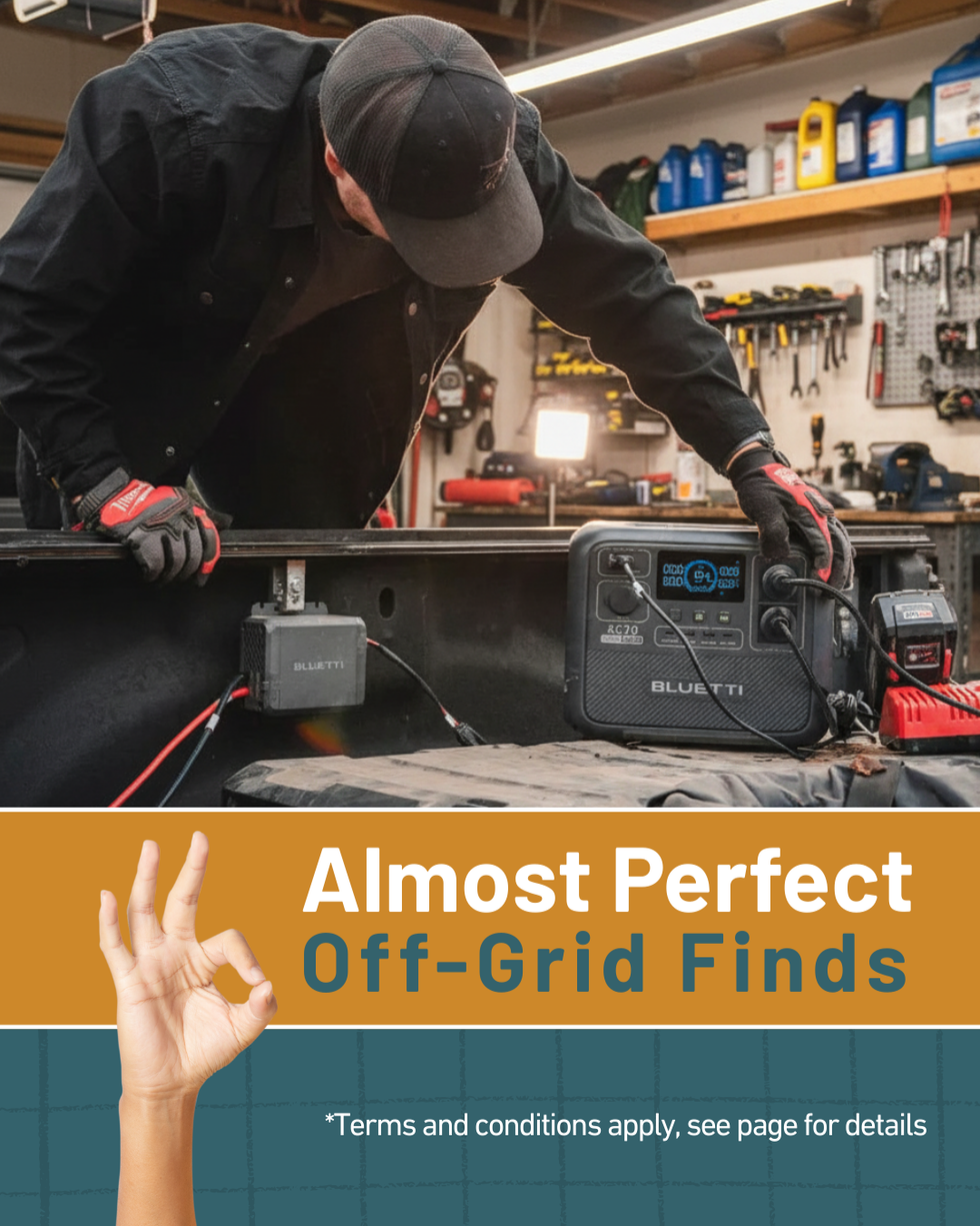 Person working on a vehicle with tools and equipment in a workshop, featuring a product advertisement at the bottom.