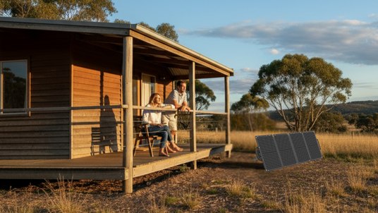 Couple sitting on a wooden cabin deck with solar panels in the foreground.