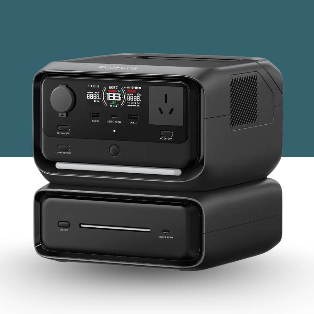 Black power station with digital display on a white background