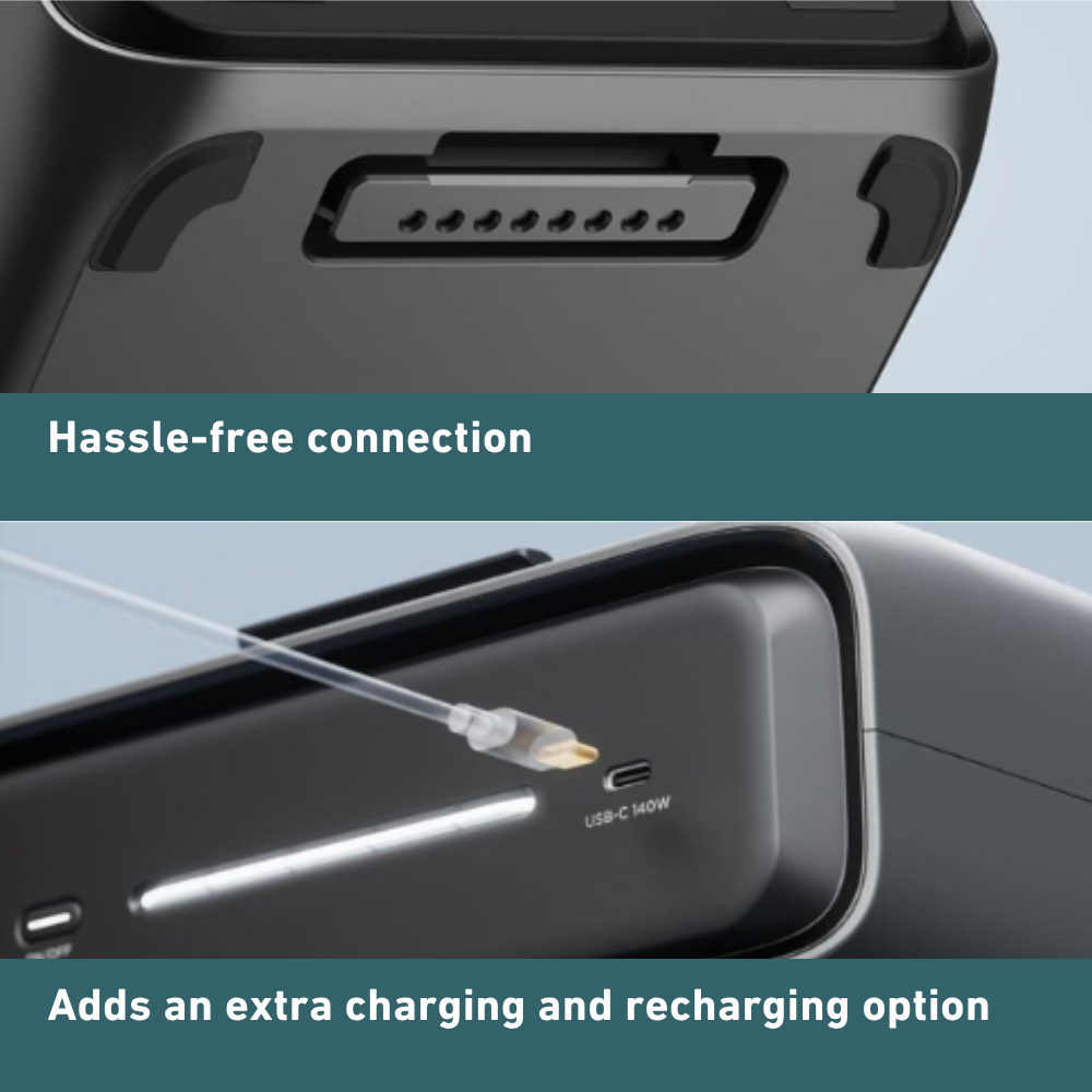 Close-up of a device with USB-C port and text highlighting hassle-free connection and additional charging option.