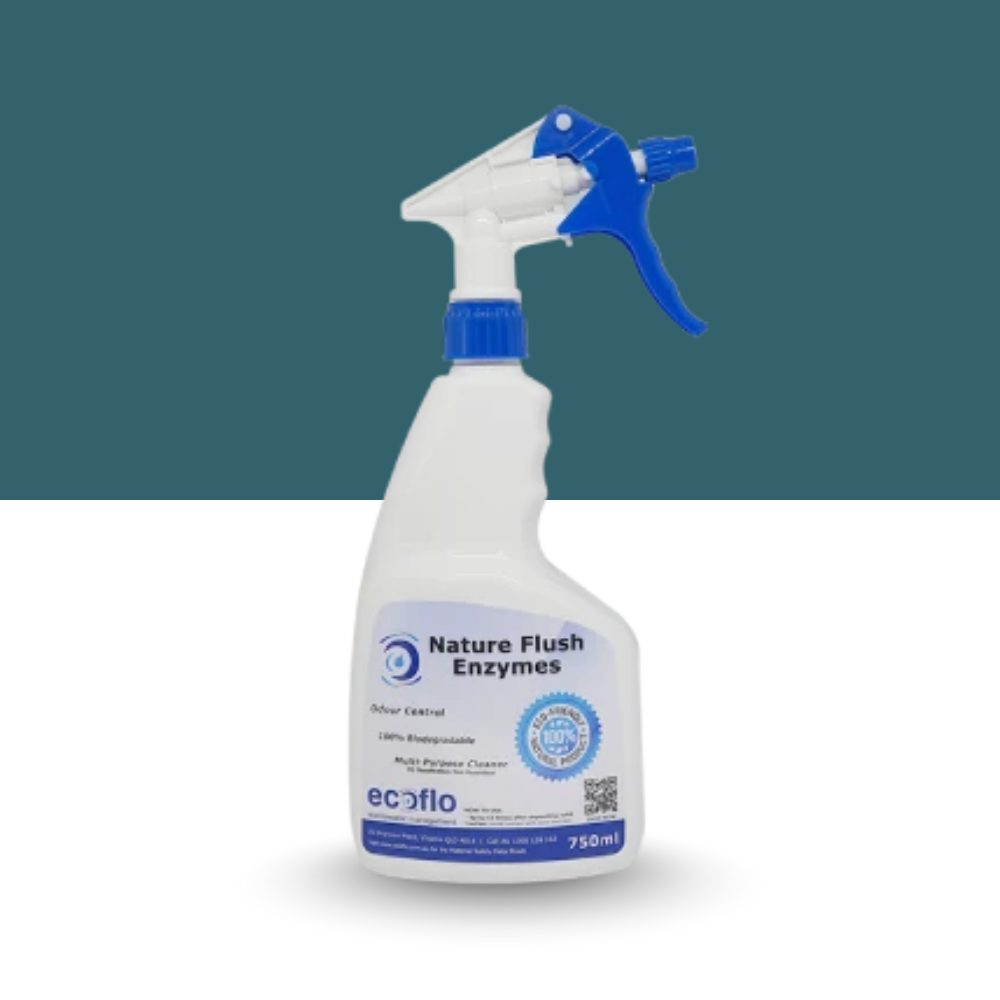 Ecoflo Nature Flush Enzymes 750ml odour control spray bottle with blue trigger, displayed on a plain background.