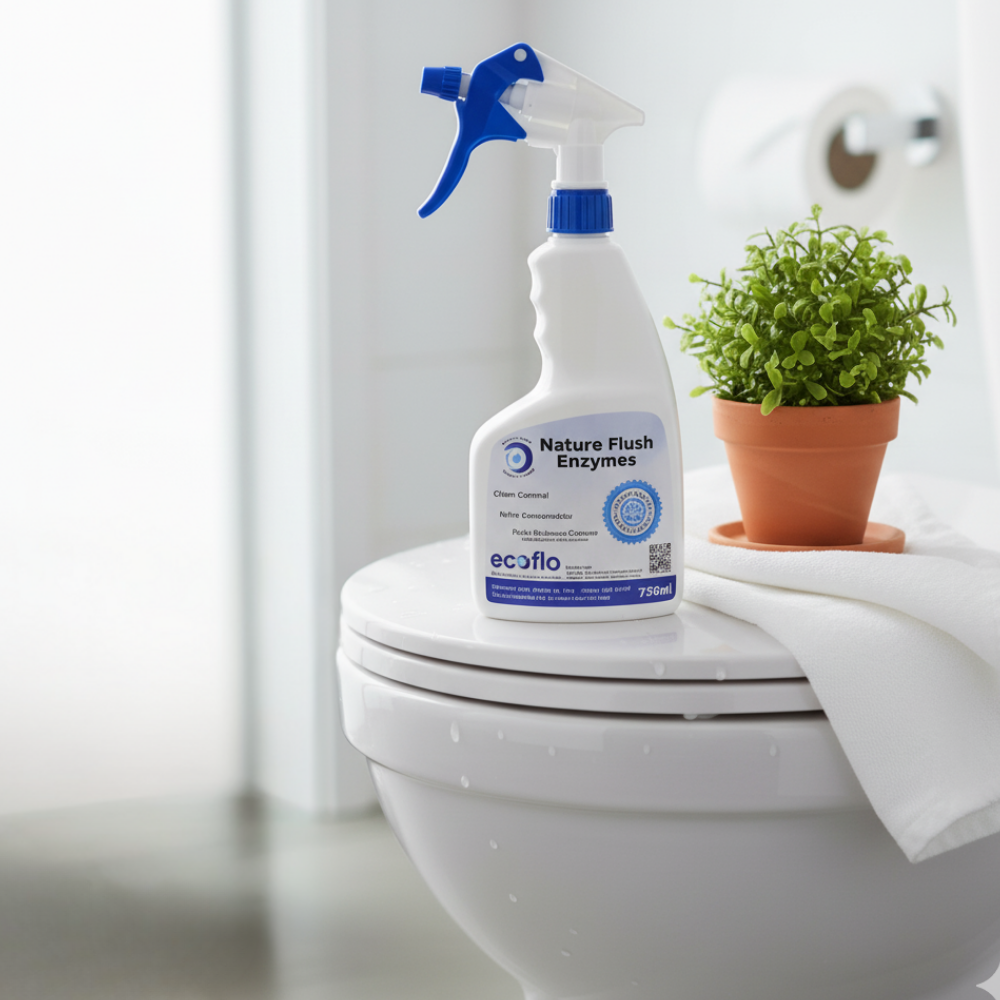 Ecoflo Nature Flush Enzymes 750ml spray bottle on a toilet lid with potted plant, designed for odour control and cleaning.