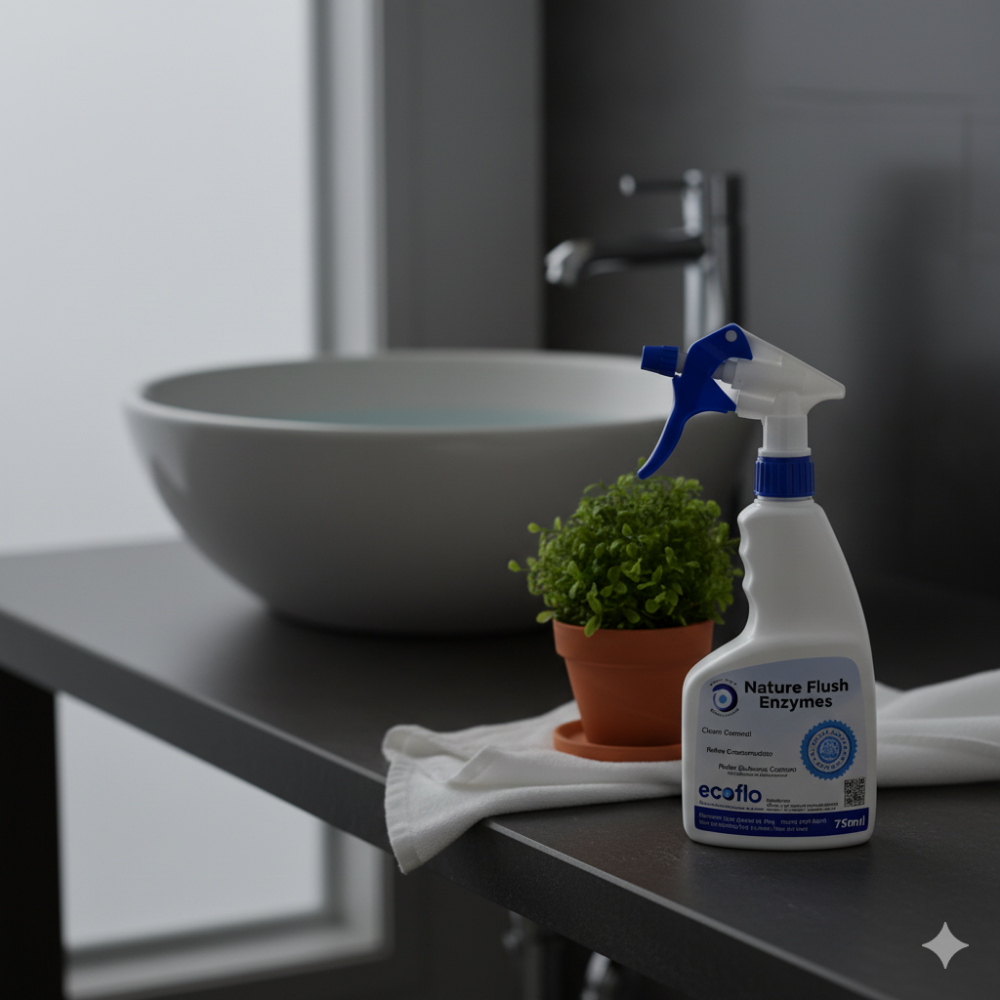 Ecoflo Nature Flush Enzymes 750ml spray bottle standing on a black counter near the sink