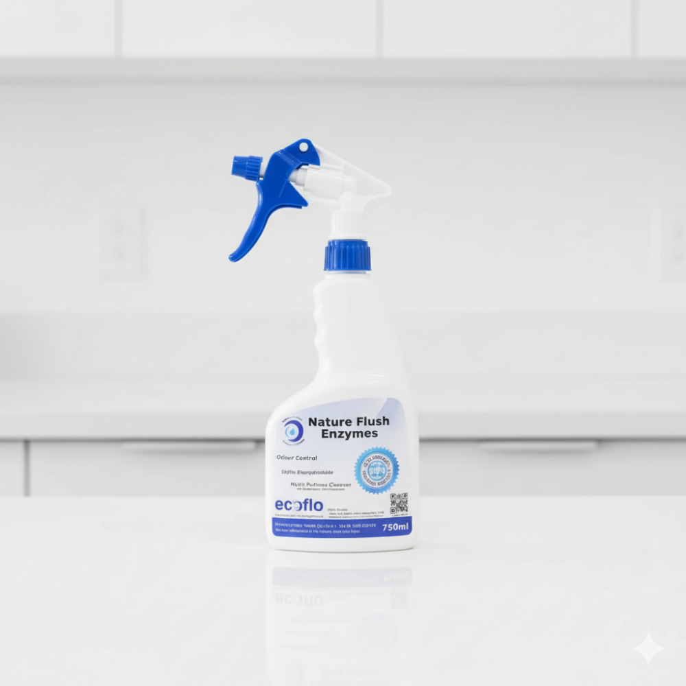 Ecoflo Nature Flush Enzymes 750ml spray bottle standing on a white counter in a bright modern room.