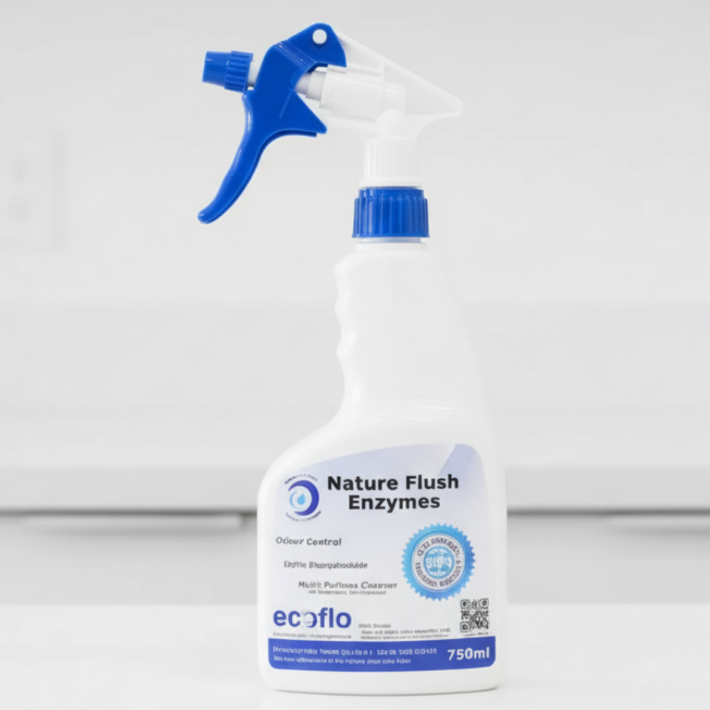 Ecoflo Nature Flush Enzymes 750ml spray bottle standing on a white counter in a bright modern room.