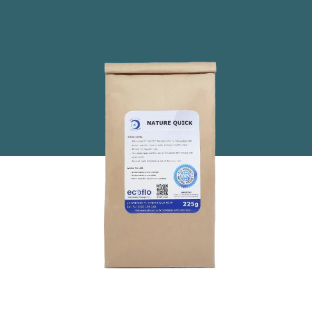 Brown paper bag with a label Nature Quick weigh of 225g on a white background