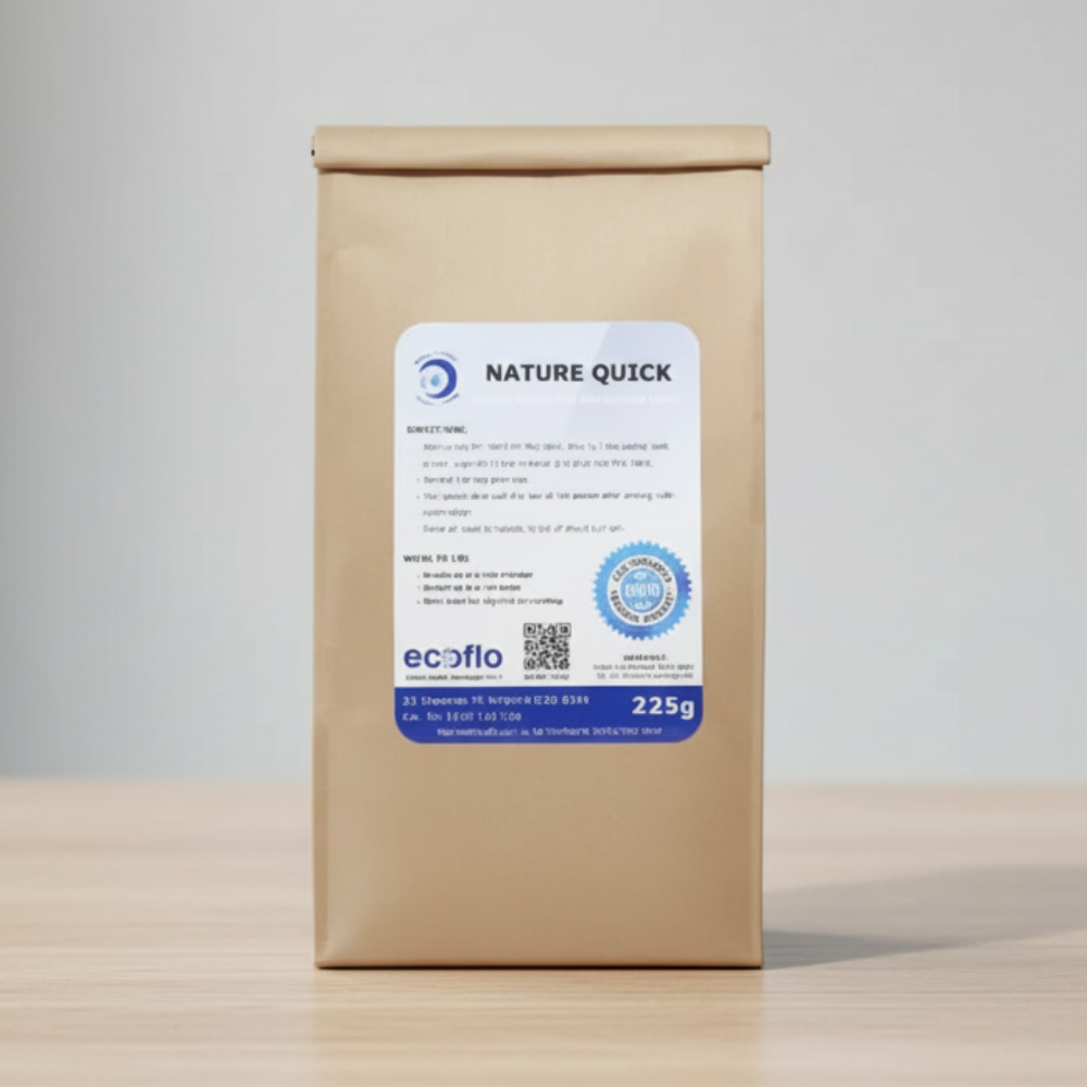 Brown paper packaging with a label on a wooden surface and light gray background