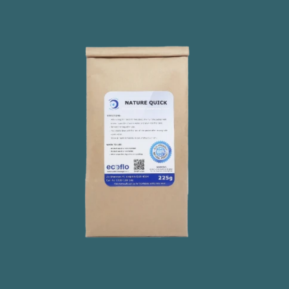 Ecoflo 225g Nature Quick Microbes for Composting Toilet brown bag front view shot on green background